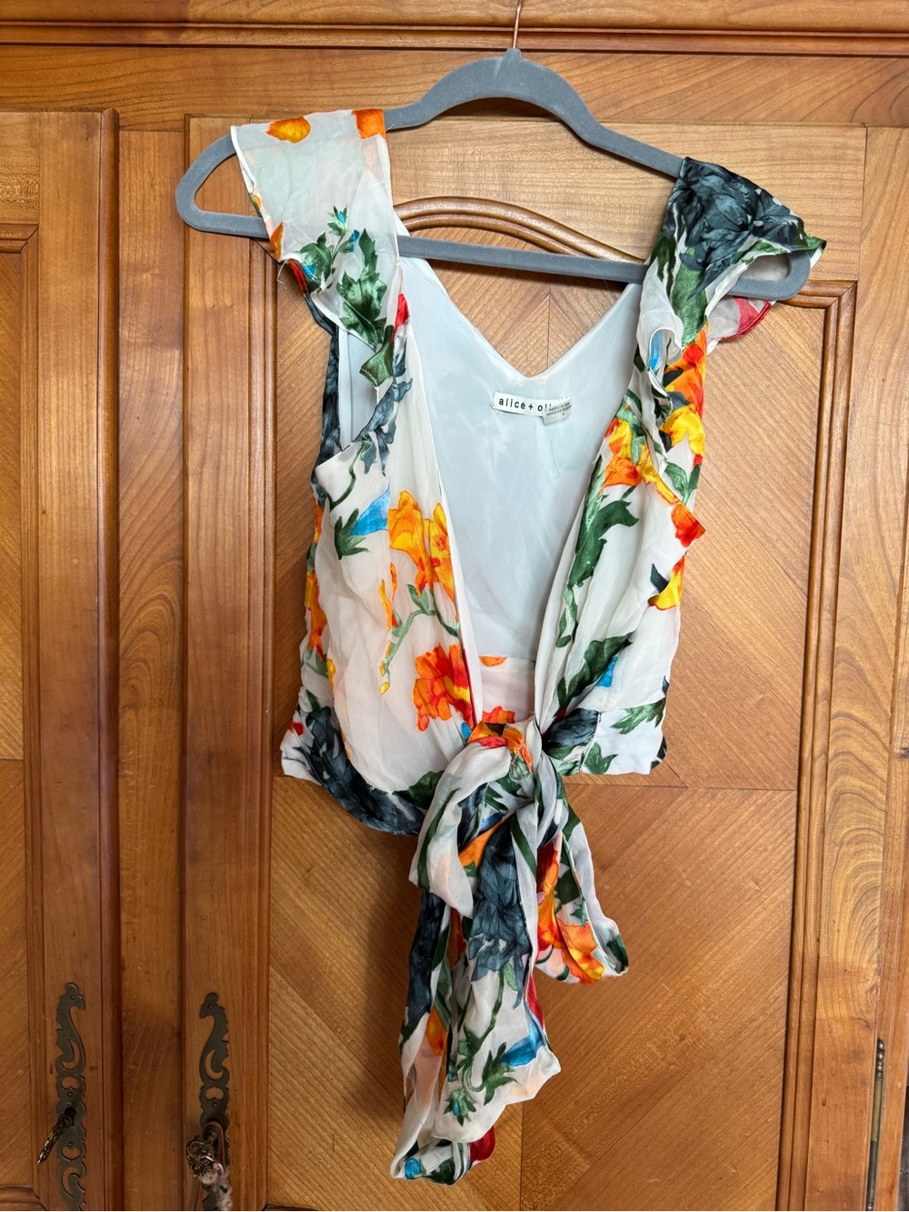 Alice + Olivia Floral Wrap Top in Cream, Red, Yellow, Green - Picture 3 of 10